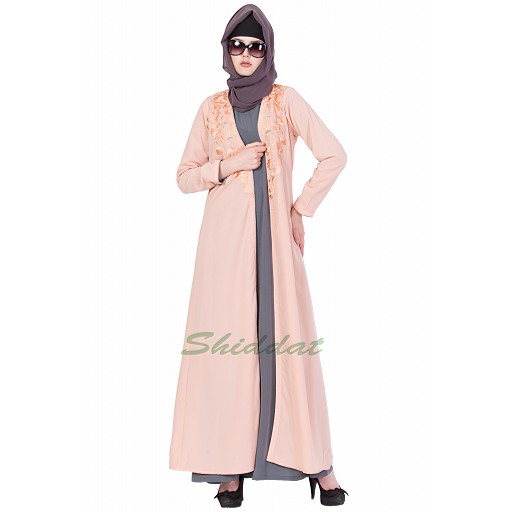Double layered abaya with embroidery- Pink-Grey